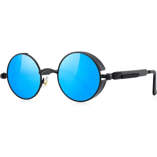 MERRYS Gothic Steampunk Sunglasses for Women Men Round Lens Metal Frame S567Black FrameBlue Mirror Lens