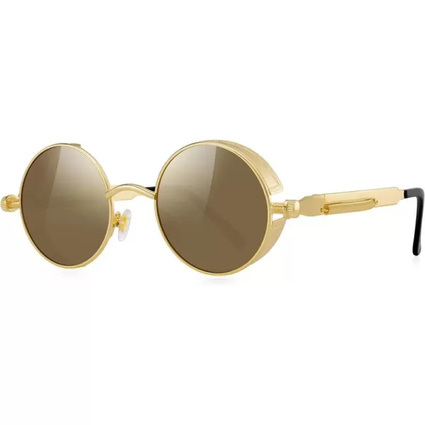 MERRYS Gothic Steampunk Sunglasses for Women Men Round Lens Metal Frame S567Gold FrameBrown Mirror Lens