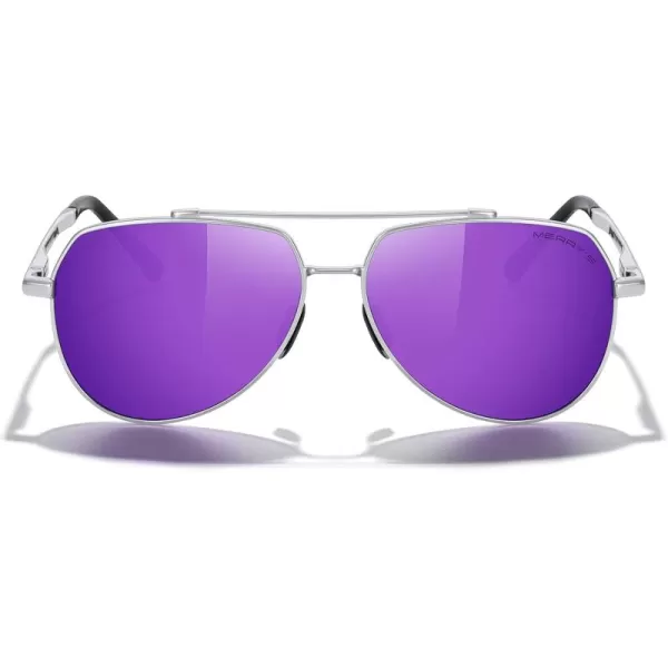 MERRYS Men Classic Pilot Sunglasses for Men Women  Polarized Driving Sun glasses Mirrored Lens UV 400 Protection 58 MMAsilver FramePurple Mirror Lens