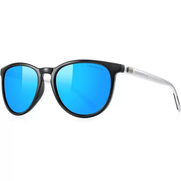 MERRYS Polarized Sunglasses for Women Men Vintage Retro Classic Round Frame Aluminum Legs S8288Black FrameBlue Mirror LensSilver Temples