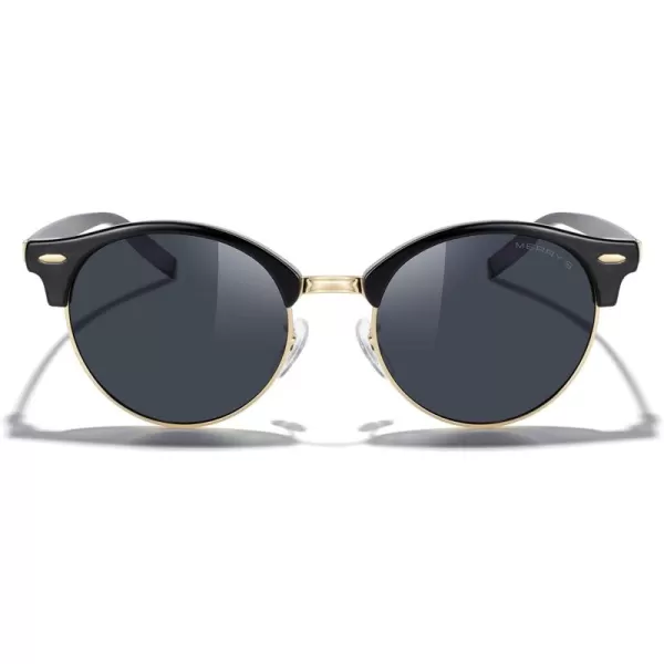 MERRYS Round Polarized Sunglasses for Women Men Classic Retro Half Frame Aluminum TemplesBlack FrameGold BridgeBlack Lens