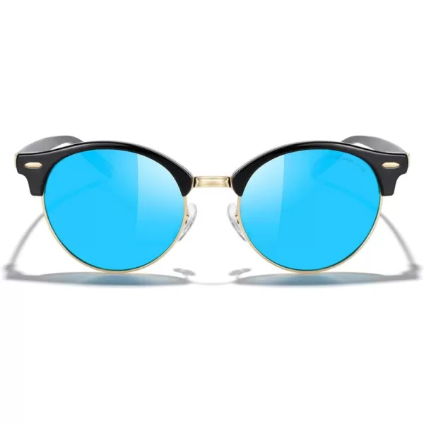 MERRYS Round Polarized Sunglasses for Women Men Classic Retro Half Frame Aluminum TemplesBlack FrameGold BridgeBlue Mirror Lens