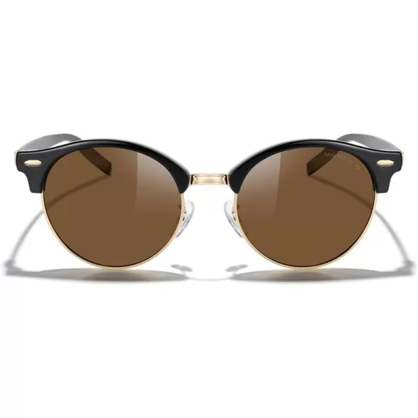 MERRYS Round Polarized Sunglasses for Women Men Classic Retro Half Frame Aluminum TemplesBlack FrameGold BridgeBrown Lens