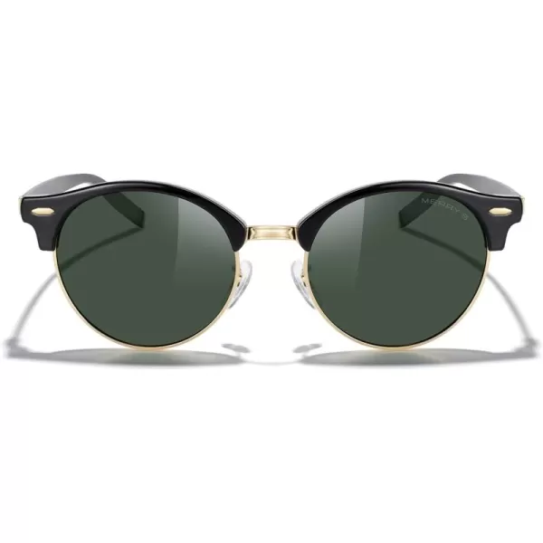 MERRYS Round Polarized Sunglasses for Women Men Classic Retro Half Frame Aluminum TemplesBlack FrameGold BridgeG15 Lens
