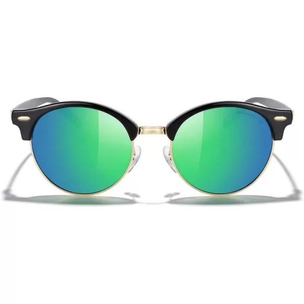 MERRYS Round Polarized Sunglasses for Women Men Classic Retro Half Frame Aluminum TemplesBlack FrameGold BridgeGreen Mirror Lens