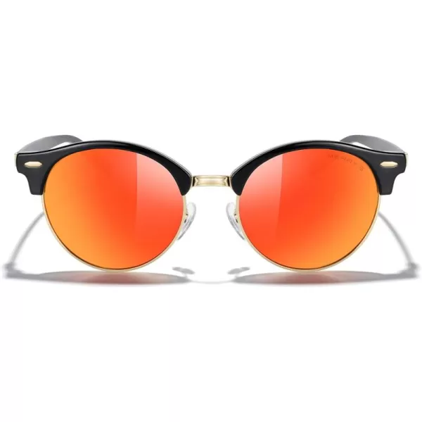 MERRYS Round Polarized Sunglasses for Women Men Classic Retro Half Frame Aluminum TemplesBlack FrameGold BridgeRed Mirror Lens