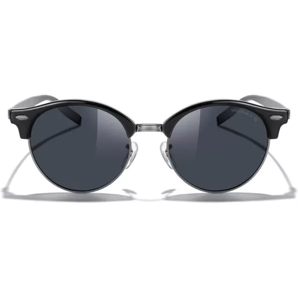 MERRYS Round Polarized Sunglasses for Women Men Classic Retro Half Frame Aluminum TemplesBlack FrameGray BridgeBlack Lens