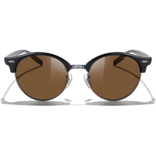 MERRYS Round Polarized Sunglasses for Women Men Classic Retro Half Frame Aluminum TemplesBlack FrameGray BridgeBrown Lens