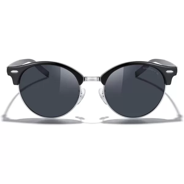 MERRYS Round Polarized Sunglasses for Women Men Classic Retro Half Frame Aluminum TemplesBlack FrameSilver BridgeBlack Lens