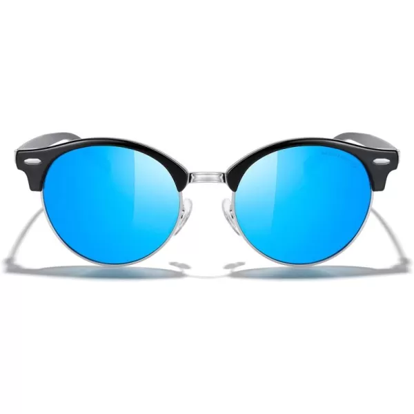 MERRYS Round Polarized Sunglasses for Women Men Classic Retro Half Frame Aluminum TemplesBlack FrameSilver BridgeBlue Mirror Lens