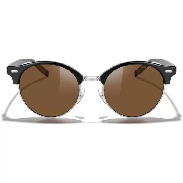 MERRYS Round Polarized Sunglasses for Women Men Classic Retro Half Frame Aluminum TemplesBlack FrameSilver BridgeBrown Lens