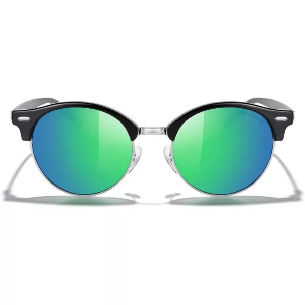 MERRYS Round Polarized Sunglasses for Women Men Classic Retro Half Frame Aluminum TemplesBlack FrameSilver BridgeGreen Mirror Lens
