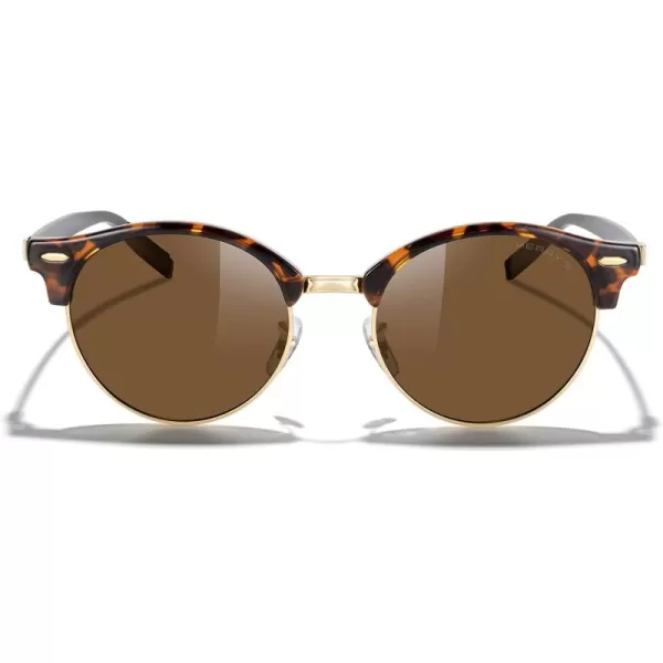 MERRYS Round Polarized Sunglasses for Women Men Classic Retro Half Frame Aluminum TemplesLeopard FrameGold BridgeBrown Lens