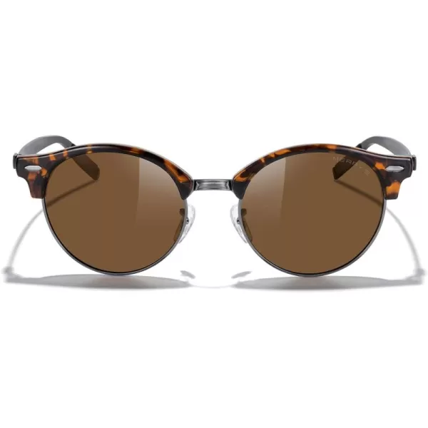 MERRYS Round Polarized Sunglasses for Women Men Classic Retro Half Frame Aluminum TemplesLeopard FrameGray BridgeBrown Lens