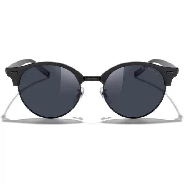 MERRYS Round Polarized Sunglasses for Women Men Classic Retro Half Frame Aluminum TemplesMatte Black FrameMatte Black BridgeBlack Lens