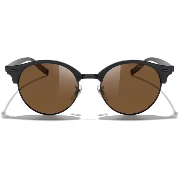 MERRYS Round Polarized Sunglasses for Women Men Classic Retro Half Frame Aluminum TemplesMatte Black FrameMatte Black BridgeBrown Lens