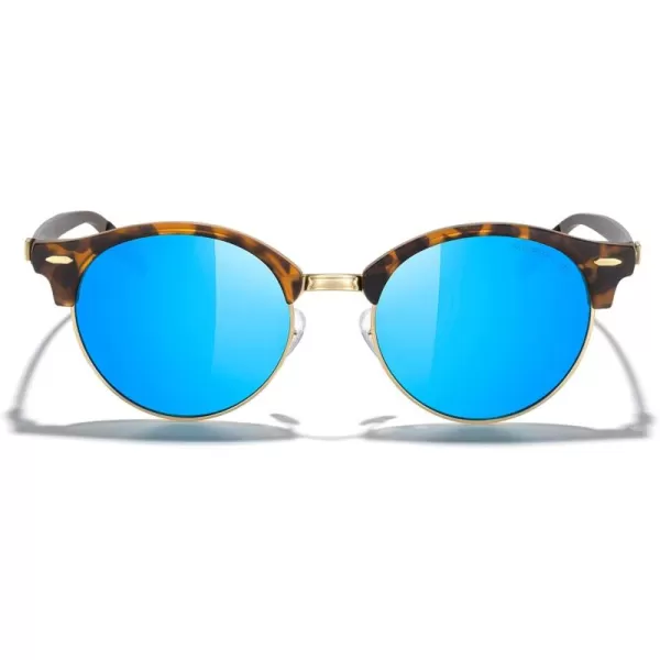 MERRYS Round Polarized Sunglasses for Women Men Classic Retro Half Frame Aluminum TemplesMatte Leopard FrameGold BridgeBlue Mirror Lens