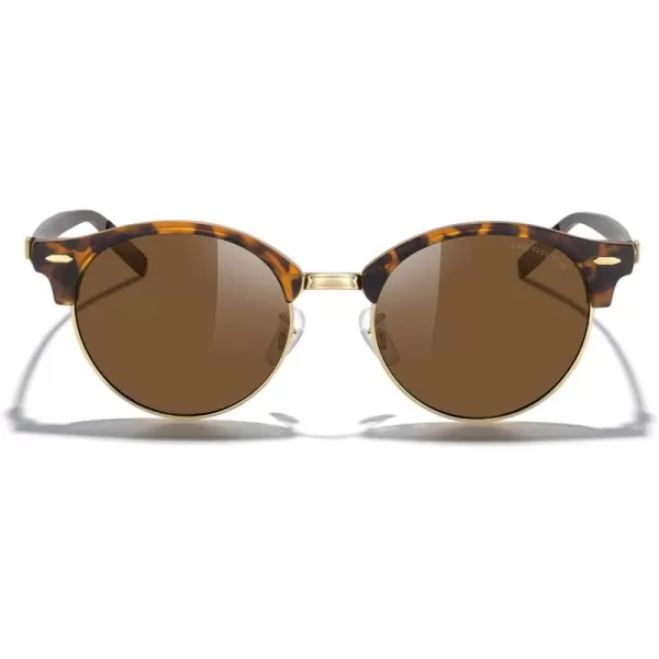MERRYS Round Polarized Sunglasses for Women Men Classic Retro Half Frame Aluminum TemplesMatte Leopard FrameGold BridgeBrown Lens