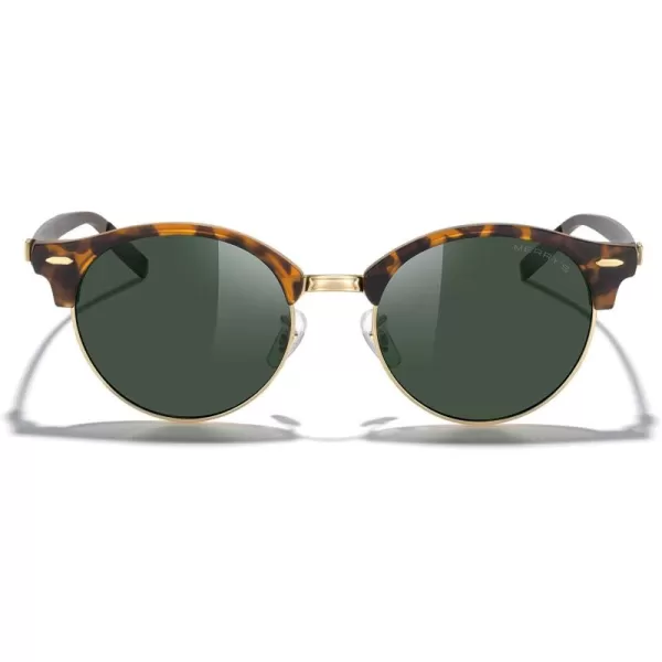 MERRYS Round Polarized Sunglasses for Women Men Classic Retro Half Frame Aluminum TemplesMatte Leopard FrameGold BridgeG15 Lens