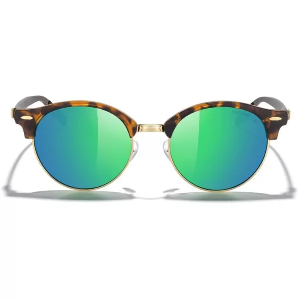 MERRYS Round Polarized Sunglasses for Women Men Classic Retro Half Frame Aluminum TemplesMatte Leopard FrameGold BridgeGreen Mirror Lens