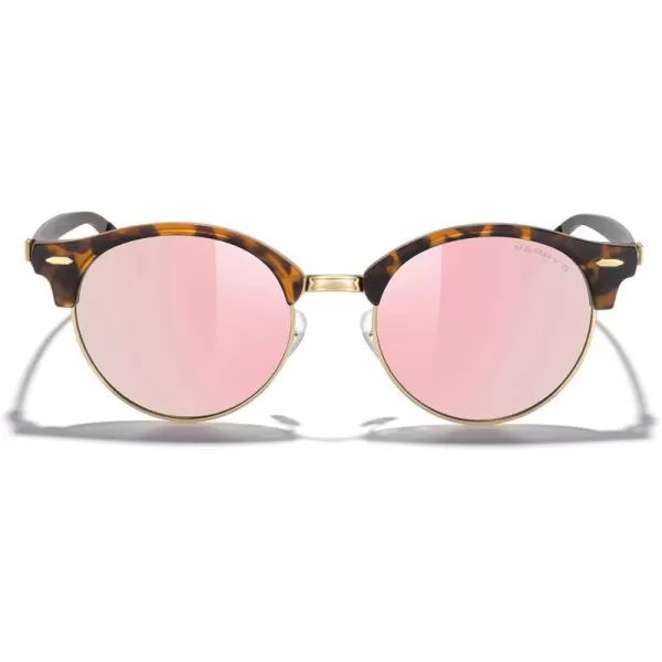 MERRYS Round Polarized Sunglasses for Women Men Classic Retro Half Frame Aluminum TemplesMatte Leopard FrameGold BridgePink Mirror Lens