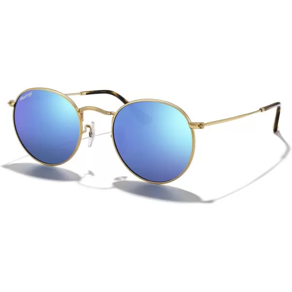 MERRYS Trendy Round Metal Polarized Sunglasses for Women and Men Retro Classic Vintage Shades S6447Polished Gold FrameBlue Mirror Lens
