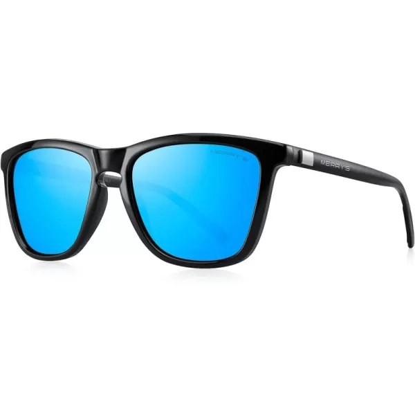 MERRYS Unisex Polarized Sunglasses for Women Men Classic Retro Designer Style Aluminum LegsBlack FrameBlue Mirror LensBlack Temples