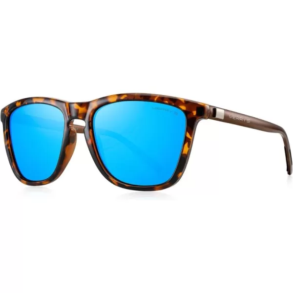 MERRYS Unisex Polarized Sunglasses for Women Men Classic Retro Designer Style Aluminum LegsLeopard FrameBlue Mirror LensBrown Temples