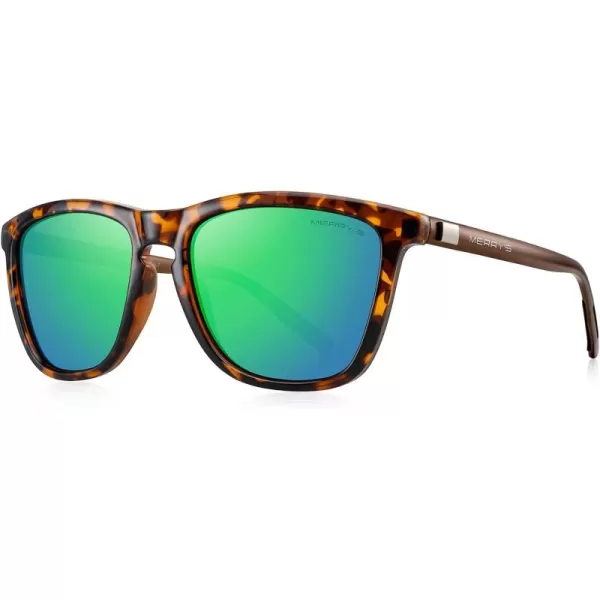 MERRYS Unisex Polarized Sunglasses for Women Men Classic Retro Designer Style Aluminum LegsLeopard FrameGreen Mirror LensBrown Temples