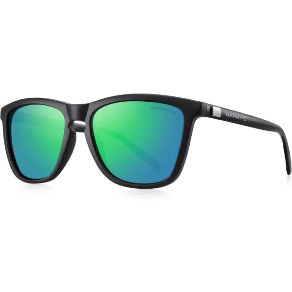 MERRYS Unisex Polarized Sunglasses for Women Men Classic Retro Designer Style Aluminum LegsMatte Black FrameGreen Mirror LensBlack Temples