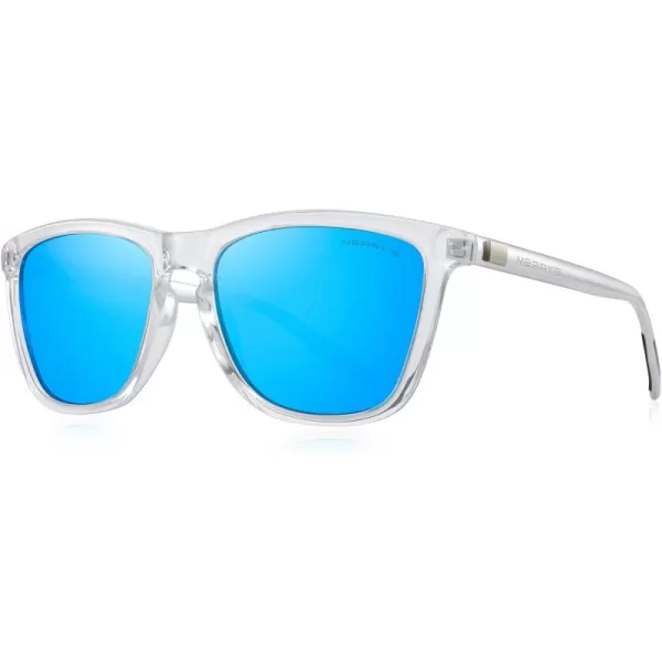 MERRYS Unisex Polarized Sunglasses for Women Men Classic Retro Designer Style Aluminum LegsTransparent FrameBlue Mirror LensSilver Temples