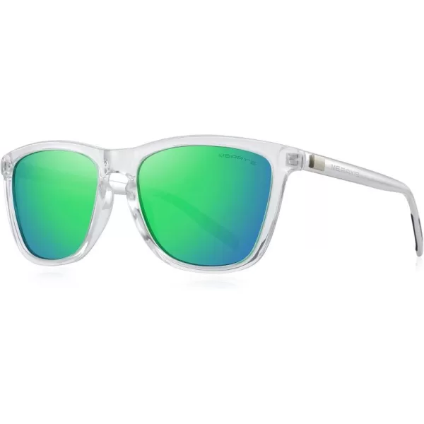 MERRYS Unisex Polarized Sunglasses for Women Men Classic Retro Designer Style Aluminum LegsTransparent FrameGreen Mirror LensSilver Temples