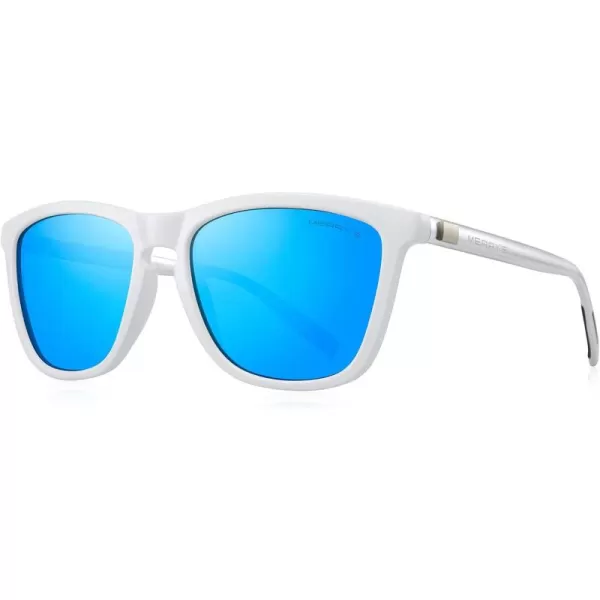 MERRYS Unisex Polarized Sunglasses for Women Men Classic Retro Designer Style Aluminum LegsWhite FrameBlue Mirror LensSilver Temples