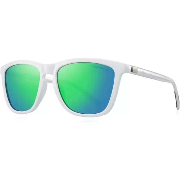 MERRYS Unisex Polarized Sunglasses for Women Men Classic Retro Designer Style Aluminum LegsWhite FrameGreen Mirror LensSilver Temples
