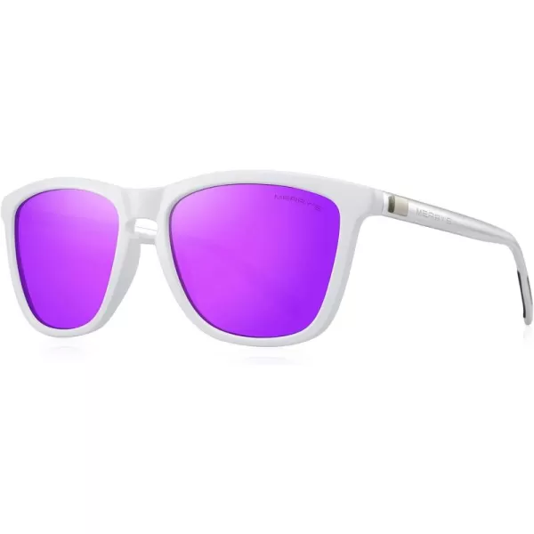 MERRYS Unisex Polarized Sunglasses for Women Men Classic Retro Designer Style Aluminum LegsWhite FramePurple Mirror LensSilver Temples