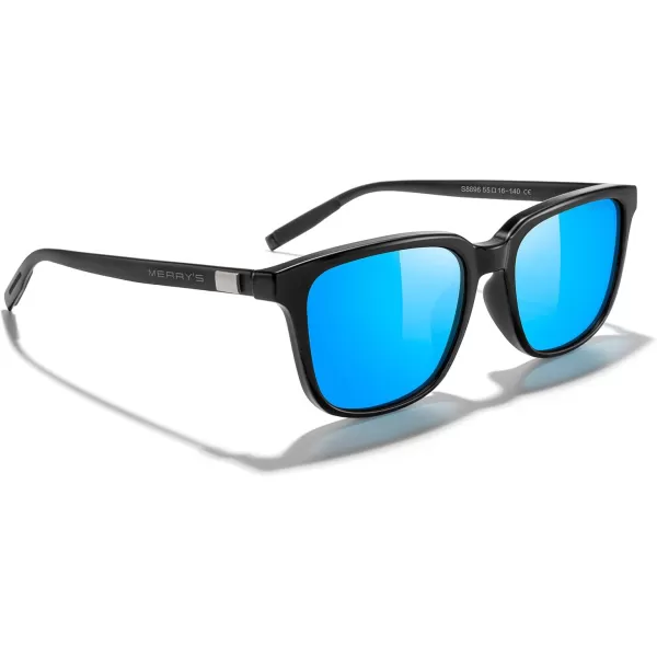 MERRYS Unisex Rectangle Polarized Sunglasses Vintage Sun Glasses For MenWomen Aluminum LegsBlack FrameBlue Mirror LensBlack Temples
