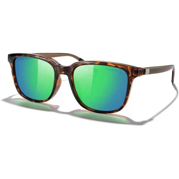 MERRYS Unisex Rectangle Polarized Sunglasses Vintage Sun Glasses For MenWomen Aluminum LegsLeopard FrameGreen Mirror LensBrown Temples