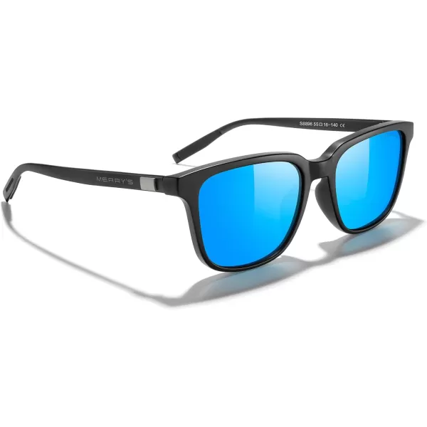 MERRYS Unisex Rectangle Polarized Sunglasses Vintage Sun Glasses For MenWomen Aluminum LegsMatte Black FrameBlue Mirror LensBlack Temples