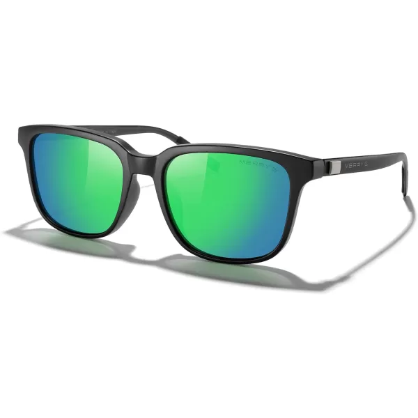 MERRYS Unisex Rectangle Polarized Sunglasses Vintage Sun Glasses For MenWomen Aluminum LegsMatte Black FrameGreen Mirror LensBlack Temples