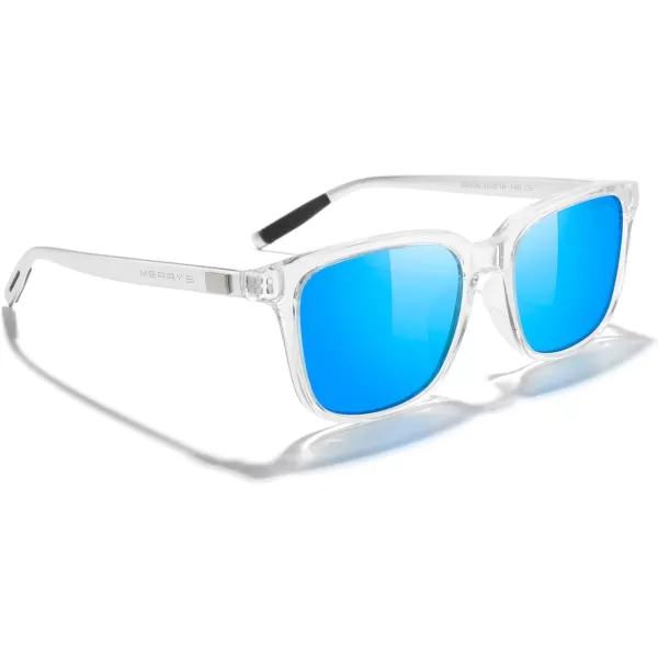 MERRYS Unisex Rectangle Polarized Sunglasses Vintage Sun Glasses For MenWomen Aluminum LegsTransparent FrameBlue Mirror LensSilver Temples