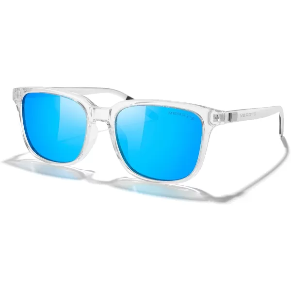 MERRYS Unisex Rectangle Polarized Sunglasses Vintage Sun Glasses For MenWomen Aluminum LegsTransparent FrameBlue Mirror LensSilver Temples