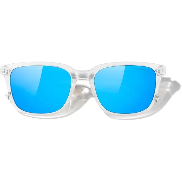 MERRYS Unisex Rectangle Polarized Sunglasses Vintage Sun Glasses For MenWomen Aluminum LegsTransparent FrameBlue Mirror LensSilver Temples