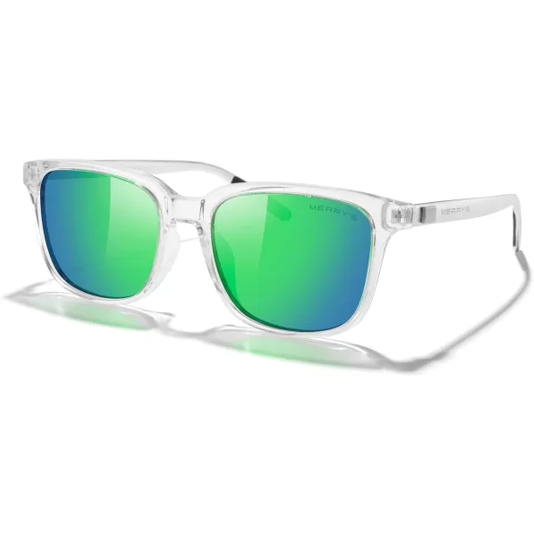 MERRYS Unisex Rectangle Polarized Sunglasses Vintage Sun Glasses For MenWomen Aluminum LegsTransparent FrameGreen Mirror LensSilver Temples