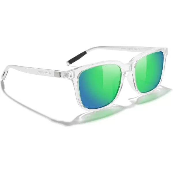 MERRYS Unisex Rectangle Polarized Sunglasses Vintage Sun Glasses For MenWomen Aluminum LegsTransparent FrameGreen Mirror LensSilver Temples