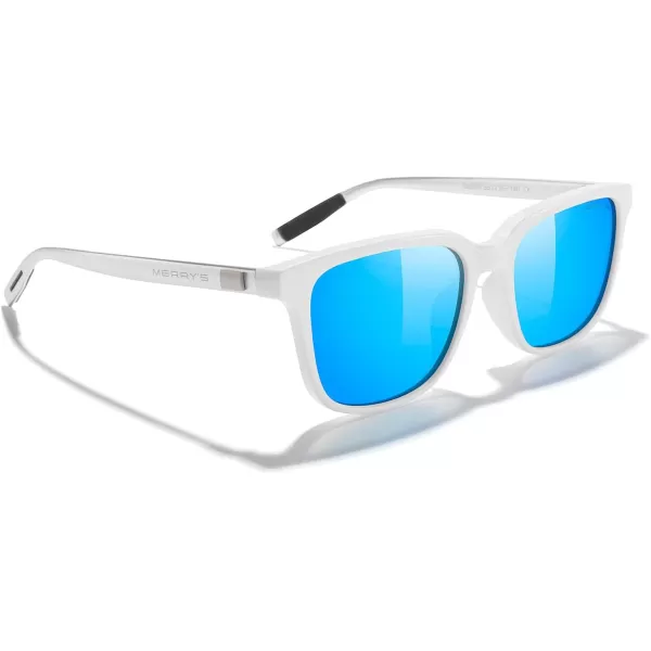 MERRYS Unisex Rectangle Polarized Sunglasses Vintage Sun Glasses For MenWomen Aluminum LegsWhite FrameBlue Mirror LensSilver Temples