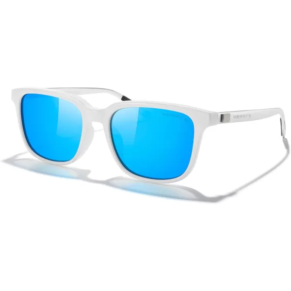 MERRYS Unisex Rectangle Polarized Sunglasses Vintage Sun Glasses For MenWomen Aluminum LegsWhite FrameBlue Mirror LensSilver Temples