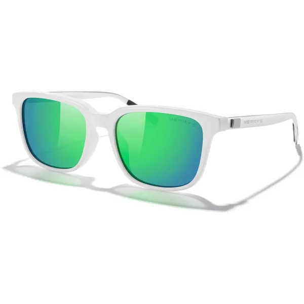 MERRYS Unisex Rectangle Polarized Sunglasses Vintage Sun Glasses For MenWomen Aluminum LegsWhite FrameGreen Mirror LensSilver Temples