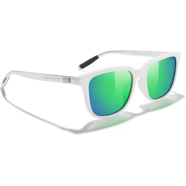 MERRYS Unisex Rectangle Polarized Sunglasses Vintage Sun Glasses For MenWomen Aluminum LegsWhite FrameGreen Mirror LensSilver Temples
