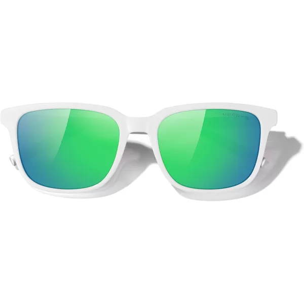 MERRYS Unisex Rectangle Polarized Sunglasses Vintage Sun Glasses For MenWomen Aluminum LegsWhite FrameGreen Mirror LensSilver Temples