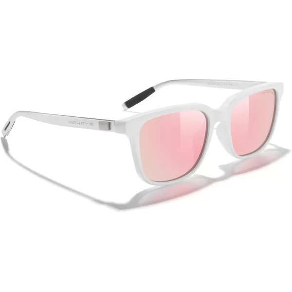 MERRYS Unisex Rectangle Polarized Sunglasses Vintage Sun Glasses For MenWomen Aluminum LegsWhite FramePink Mirror LensSilver Temples